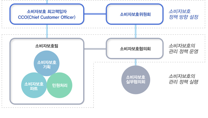소비자보호 최고책임자 CCO(Chief Customer Officer)-소비자보호위원회 소비자보호 정책 방향 설정 소비자보호팀팀 소비자보호기획, 소비자보호파트, 민원처리-소비자보호협의회 소비자보호의 관리 정책 운영 소비자보호실무협의회 소비자보호의 관리 정책 실행 CS콜센터