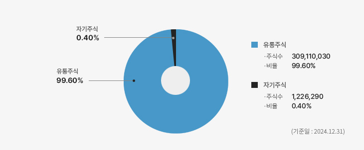 유동주식 주식수 309,110,030 비율 99.60%, 자기주식 주식수 1,226,290 비율0.40%, (기준일 2024.12.31)