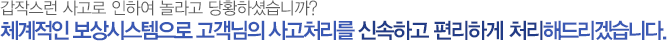 갑작스런 사고로 인하여 놀라고 당황하셨습니까? 체계적인 보상시스템으로 고객님의 사고처리를 신속하고 편리하게 처리해드리겠습니다.